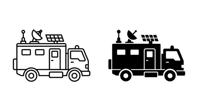 Satellite Truck Icon Set: A clear and concise icon set featuring a mobile satellite communication truck in both outline and solid black styles.