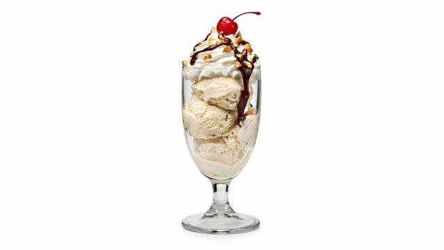 Delicious vanilla ice cream sundae served in a tall glass
