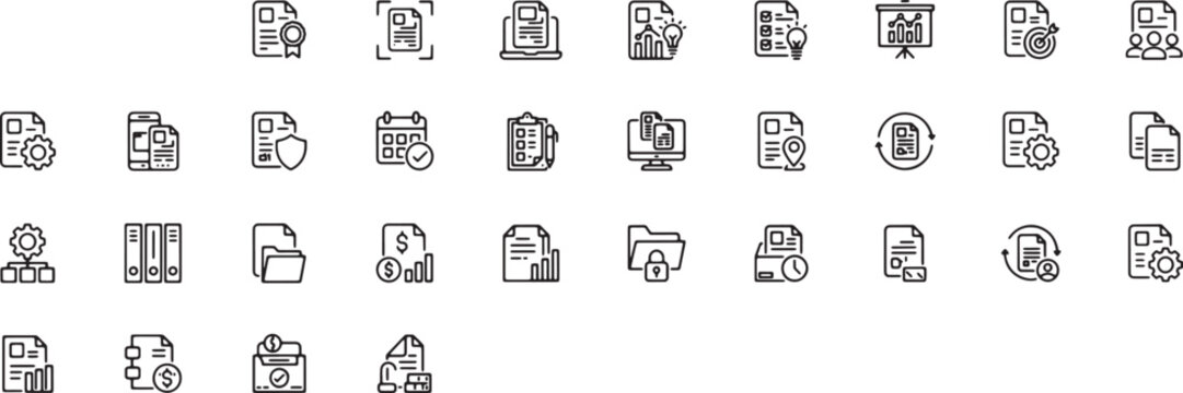 Business documents and management icons set featuring charts reports files and organizational tasks. Vector illustration