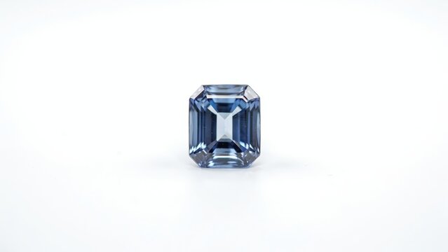 Sparkling blue emerald cut gemstone isolated on a white background