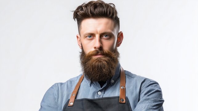 portrait of a professional barber with a stylish beard and modern haircut, wearing a clean barbershop apron