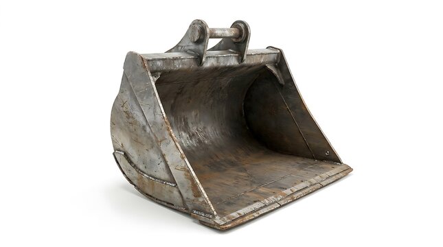 A heavy-duty steel escavator bucket isolated on a plain white background used for industrial construction machinery and earthmoving site projects