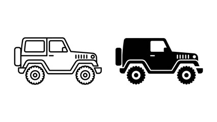 Off-road Vehicle Icon: Two icons representing an off-road vehicle, one in outline and the other in solid silhouette, symbolizing adventure and exploration. © Mamun