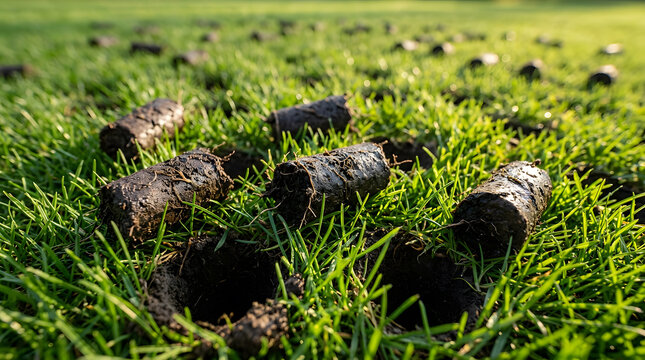 Close-up of core aeration on green lawn | Soil plugs and holes for lawn maintenance | Garden landscaping and yard improvement | Improving soil health and drainage | Spring and autumn lawn care routine