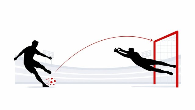 Soccer player kicking ball towards goal while goalkeeper dives for save