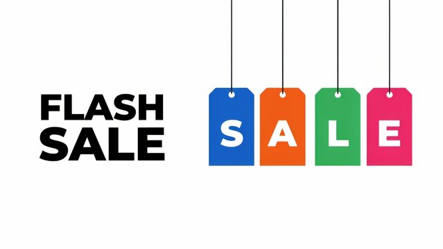 Colorful hanging sale tags with bold text for flash promotion