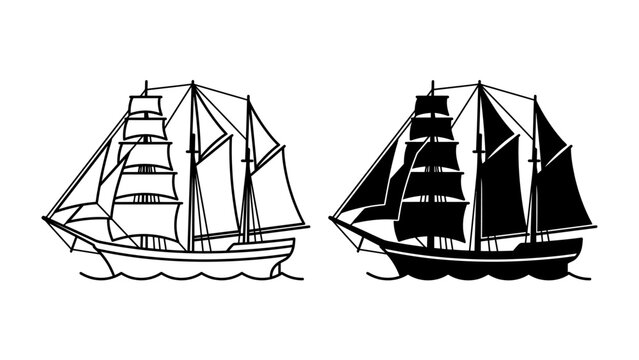 Two Tall Ship Silhouettes: A pair of detailed illustrations depict two majestic tall ships, one outlined and the other a solid silhouette, sailing on calm waters.