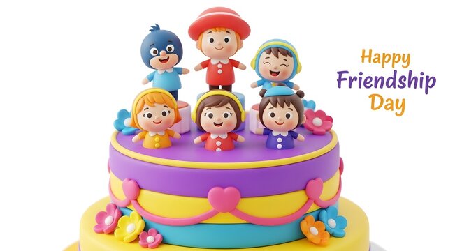 Colorful tiered cake with cartoon children figurines for friendship day celebration