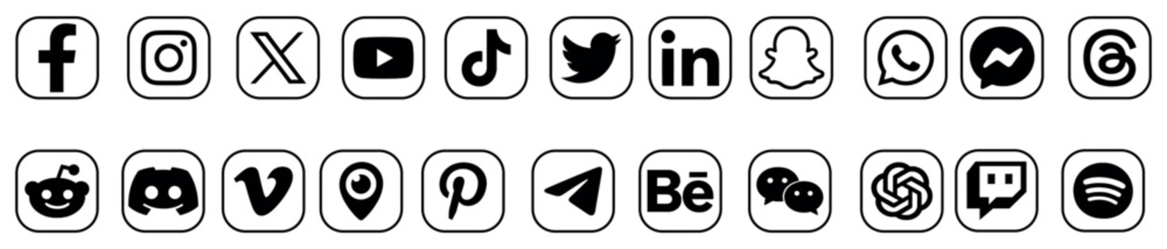 Popular Social Media Logo Icons Set with Black