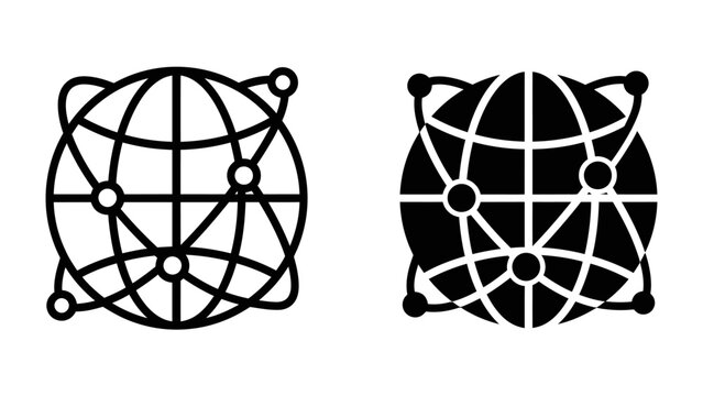 Global Network Icon Set: A visual representation of a connected world, featuring two icon styles of a globe with interconnected nodes, symbolizing global communication and technology.