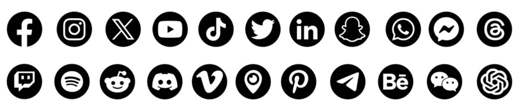 Popular Social Media Logo Icons Set with facebook, instagram, youtube, linkedin, whatsapp, x, tiktok, snapchat, pinterest, telegram, discord, reddit, spotify, github, behance, dribbble, vimeo, twitch