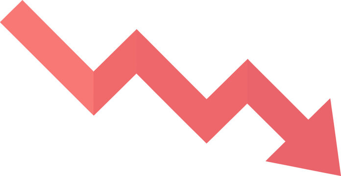 Bright red zigzag arrow pointing downwards on white background trend decline