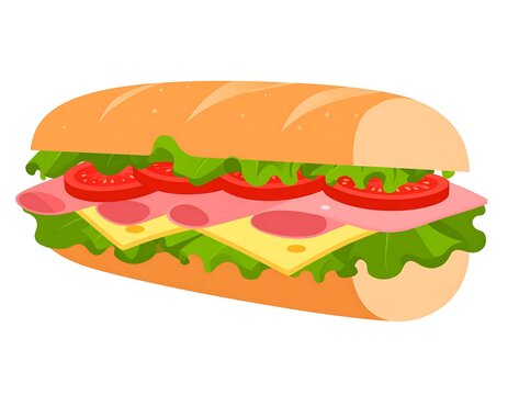 A cartoon-style illustration of a sandwich with a long, crusty bread roll, filled with lettuce, cheese, ham, and tomato