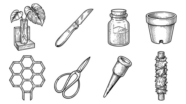 Vintage Woodcut Style Plant Propagation Tools and Accessories Set Including Monstera Cutting, Moss Pole, Trellis, and Gardening Shears
