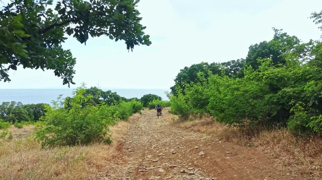 Group of people walks along a dirt path surrounded by green trees and bushes in a natural setting. The sky is overcast, and the atmosphere is calm.