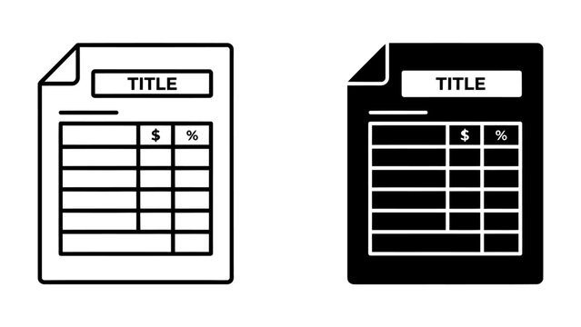 Two Documents with Tables: A clear depiction of two document icons, one in black and white and the other in solid black, both featuring a title and a table with columns for currency and percentage.
