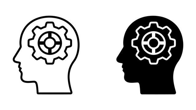 Head with Gear Symbol: A profile silhouette of a human head, one outlined and one solid black, each containing a prominent gear mechanism within, symbolizing thought process, intellect.
