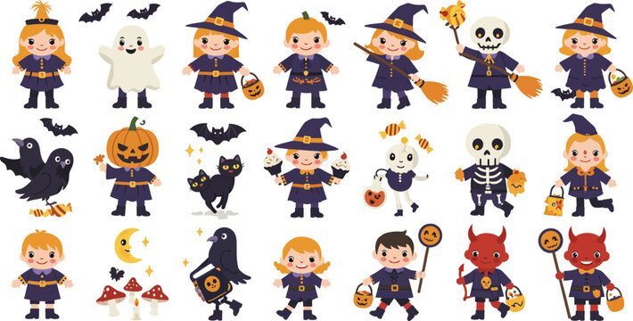 Set of cute cartoon characters for halloween celebration featuring little witches ghosts skeletons pumpkins bats and devils on white background
