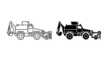 Snow Plow Vehicle Set: A set of two truck icons, one in outline and the other solid black, depicting a snow plow vehicle with a shovel and plow attachment for winter road maintenance. © Jawwad