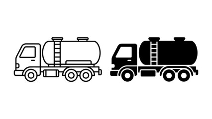 Fuel Truck Icons: A clear and simple illustration of a fuel tanker truck, presented in both a line art and a solid silhouette design, ready for use in logistics and transport contexts. © harun
