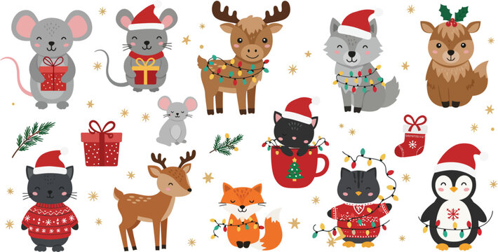 Set of cute hand drawn christmas animals like deer mouse fox cat and penguin wearing hats and sweaters on white background