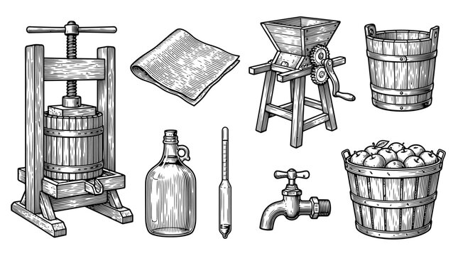Cider and Wine Making Equipment Set in Vintage Woodcut Engraving Style featuring Apple Press, Crusher, and Harvest Tools
