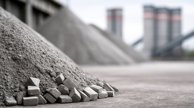 Industrial piles of cement and gravel at a construction material plant. This imagery represents infrastructure development and heavy supply chain logistics.