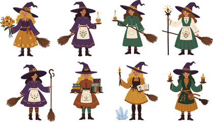 Fototapeta premium A collection of eight cute witch characters dressed in festive autumn outfits holding magic wands brooms and candles for halloween