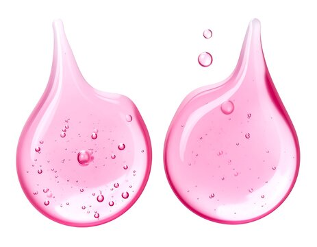 A close-up of two pink gel droplets with bubbles on a white background