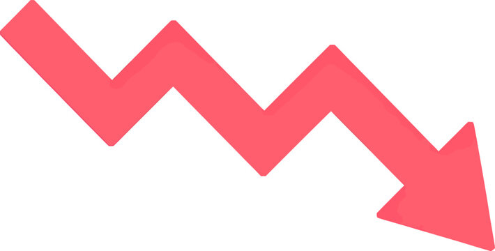 Single bright red zigzag arrow pointing downwards on white background trend decline