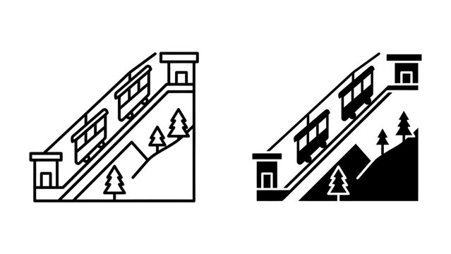 Funicular Cable Car Ascent: Two stylized graphic representations of a funicular cable car system ascending a steep incline, featuring carriages, tracks, stations, and trees on a mountain slope.