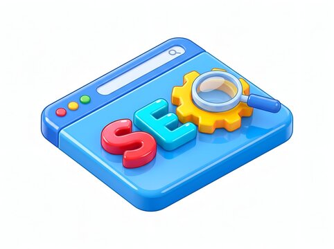 3D isometric SEO concept with colorful letters, gear, and magnifying glass on blue background
