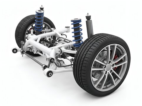 Detailed car rear suspension system with shock absorbers and alloy wheels on white background