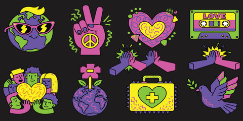 Fototapeta premium Retro 90s Peace and Love Sticker Pack with Cassette Tape and Globe Vectors.