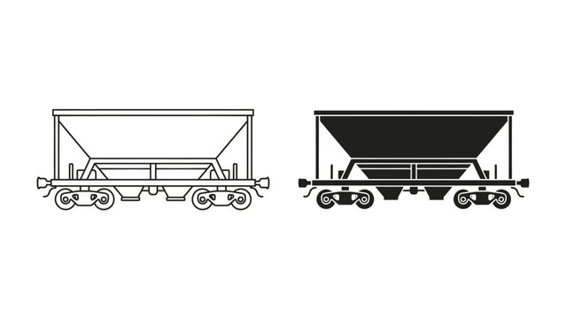 Hopper Cars Silhouette: A graphic representation of two hopper train cars, one outlined in black and white and the other in solid black, showcasing their utilitarian design.