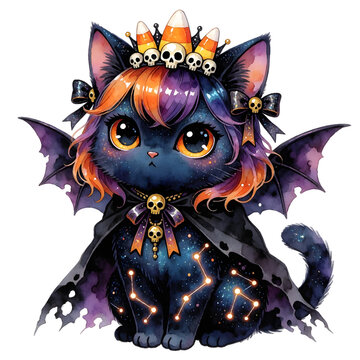 Cute black cat dressed for halloween night