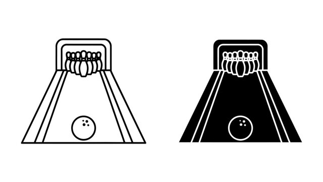 Bowling Alley Icon: Two bowling alley icons, one in outline and the other in silhouette, showcase a bowling ball and pins ready for a game, representing the sport and leisure activity