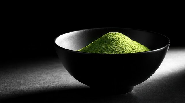 A scoop of green matcha powder rests inside a matte black ceramic bowl against a dark background. This image represents healthy organic lifestyle and wellness.
