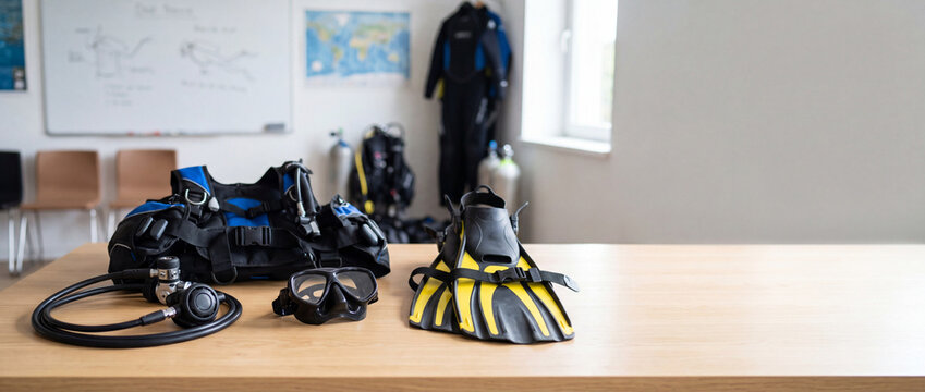Scuba diving gear on table in dive training classroom ready for lesson and certification