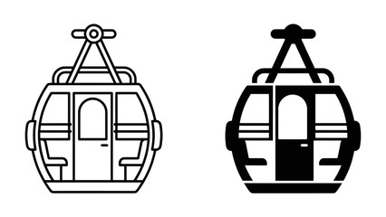 Cable Car Icon: Two stylized icons representing a cable car gondola, one in outline and the other as a solid silhouette, symbolizing transport and aerial travel. © has