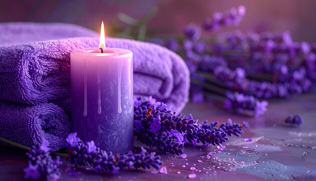Purple lavender candle and towels with soft light for spa