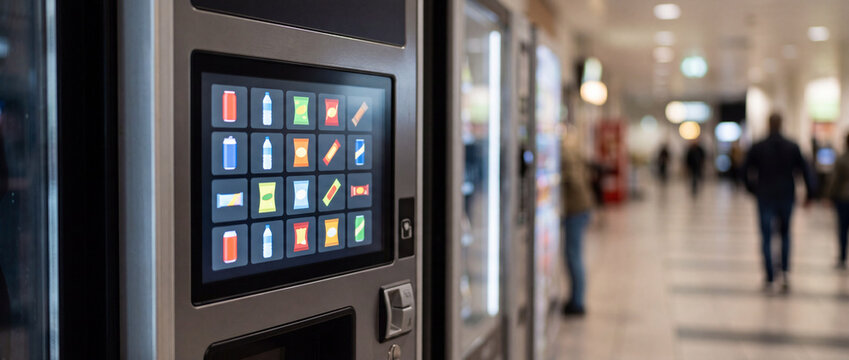 Vending machine touchscreen interface in busy public corridor offering snacks and drinks