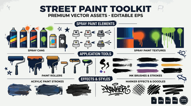 Street paint toolkit featuring spray cans, paint rollers, ink brushes, and graffiti textures