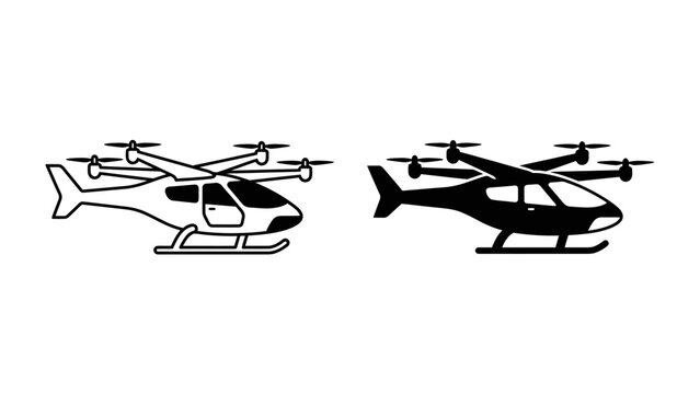 eVTOL Aircraft Icons: Two distinct illustrations of an electric vertical takeoff and landing (eVTOL) aircraft, one outlined and the other solid black.