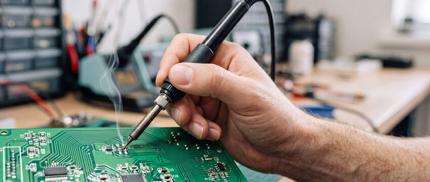 Electronic technician soldering circuit board with soldering iron on repair workshop bench
