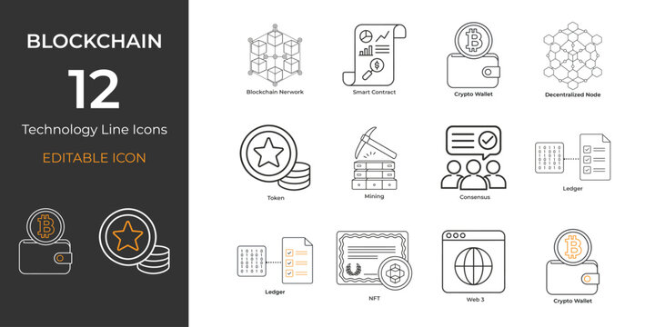 Blockchain Technology Line Icons Collection &ndash; Minimal Web3, Crypto Wallet, NFT, Smart Contract & Decentralized Network Vector Set