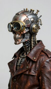 Steampunk cybernetic skull wearing vintage leather jacket