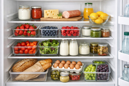 Well Organized Refrigerator Shelves Filled with Fresh Healthy Food Inside an Open Fridge Packed with Organic Groceries and Berries
