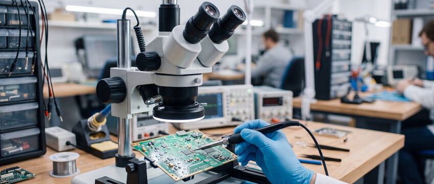 Skilled technician soldering circuit board under stereo microscope in electronics repair laboratory workshop
