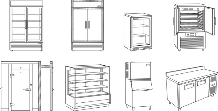 Commercial refrigeration equipment line art icon set featuring display coolers and ice machine